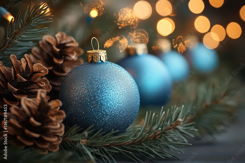 a serene christmas setting with shimmering blue baubles and pine cones softly blurred bokeh lights creating a magical atmosphere perfect for a peaceful holiday card a serene christmas setting with shimmering blue baubles and pine cones softly blurred bokeh lights creating a magical atmosphere perfect for a peaceful holiday card