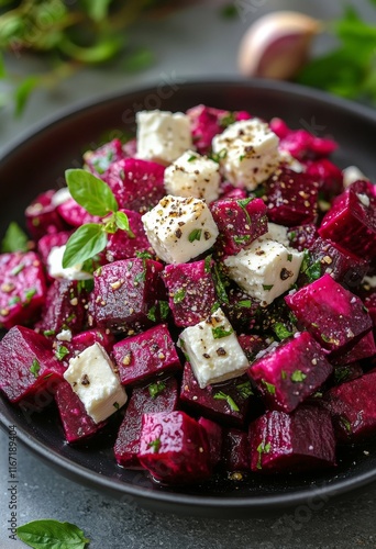 Colorful beetroot salad with feta cheese and herbs served in a black bowl