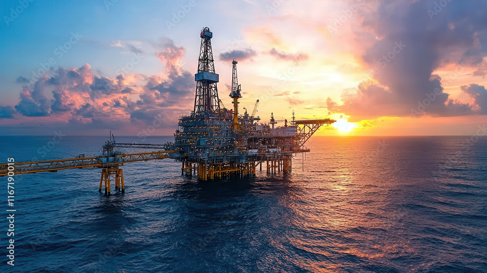 Aerial view of massive oil rig at sunset over ocean, showcasing intricate structures and vibrant colors Aerial view of massive oil rig at sunset over ocean, showcasing intricate structures and vibrant colors