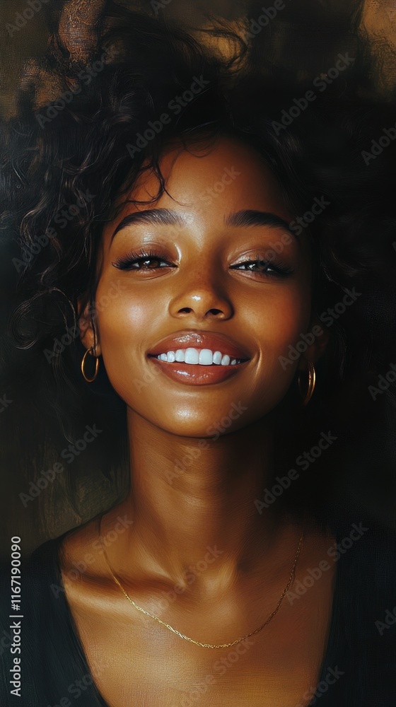 Smiling young woman with sparkling eyes enjoys a moment of joy in a serene setting Smiling young woman with sparkling eyes enjoys a moment of joy in a serene setting