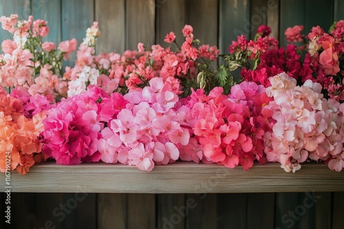 Beautiful display of colorful flowers on wooden shelf in a quaint setting