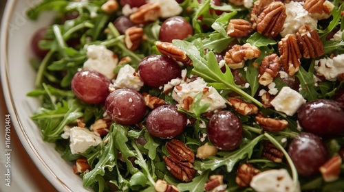 Colorful mixed salad with grapes, goat cheese, and nuts on a green arugula base