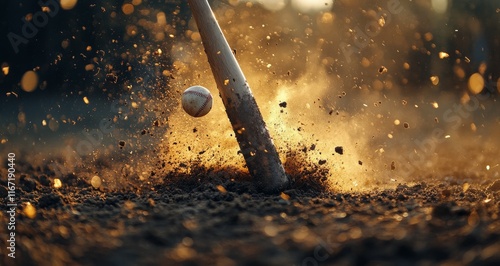 Powerful swing connects with baseball during sunset on a dusty field