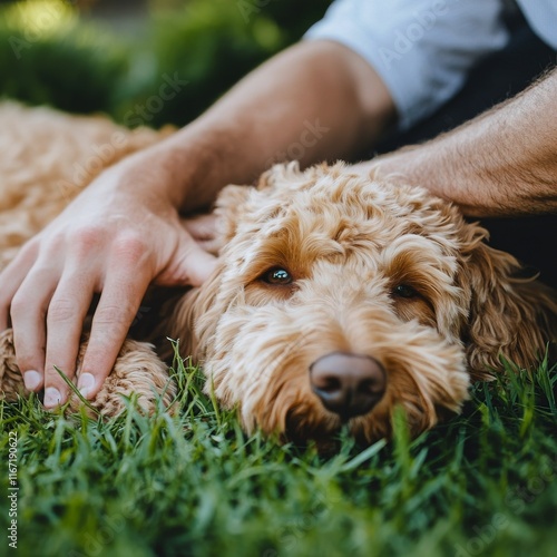 Loving connection between a person and a dog in a green park setting on a sun...