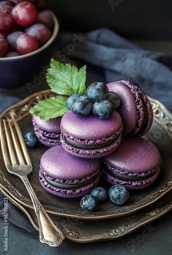 Delightful black macarons stacked on a vintage silver tray with spoons on a d...