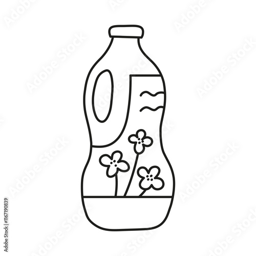 Doodle outline rapeseed oil in plastic bottle with canola flowers isolated on white background. Vegetable fats. Healthy nutrition concept.