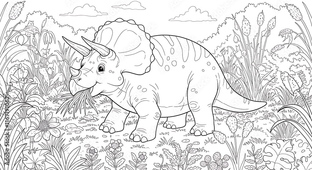 Obraz premium Cute triceratops dinosaur coloring page. Prehistoric landscape with plants and flowers. Black and white illustration.