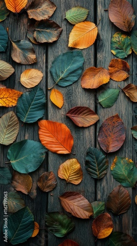 Vibrant assortment of leaves on wooden surface during autumn season