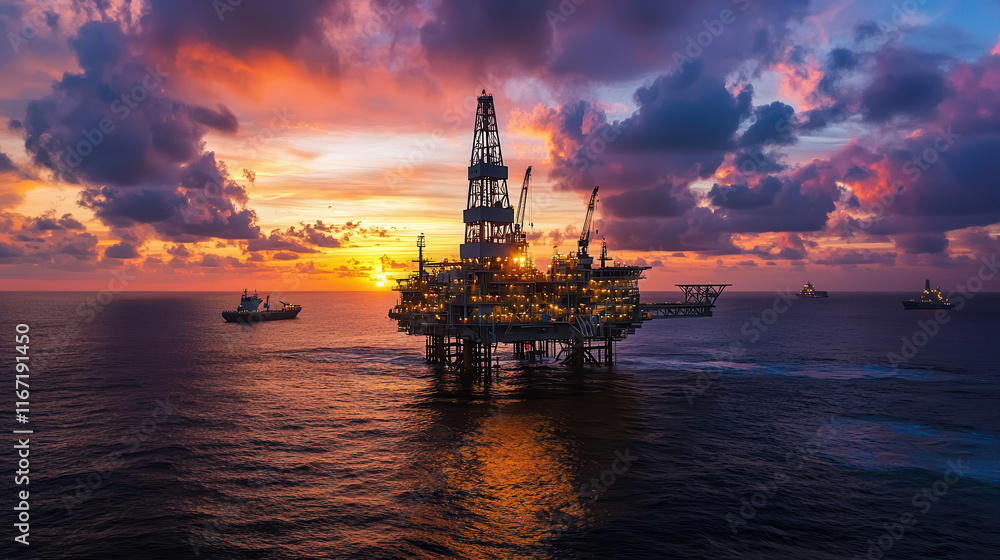 offshore oil rig illuminated by stunning golden sunset over ocean, creating serene and captivating scene offshore oil rig illuminated by stunning golden sunset over ocean, creating serene and captivating scene