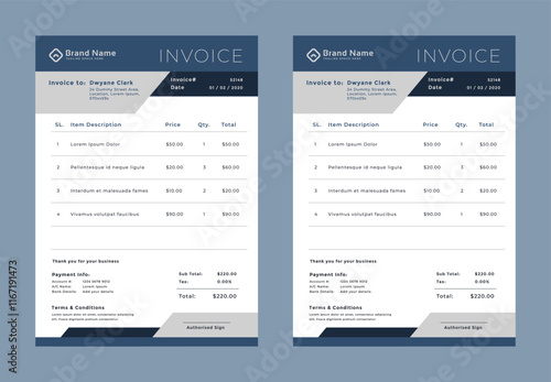 Minimal Corporate Business Invoice design template vector illustration bill form price invoice. Creative invoice template vector. business stationery design