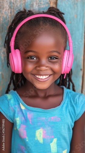 Young girl with pink headphones smiles joyfully against a weathered wooden wall