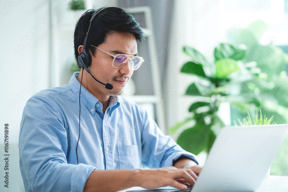 A man wearing a headset and glasses is typing on a laptop. He is focused on his work and he is in a professional setting A man wearing a headset and glasses is typing on a laptop. He is focused on his work and he is in a professional setting