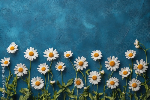 Elegant white flowers arranged artfully on a blue background showcasing natur...