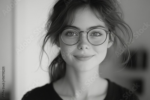 Young woman with curly hair and glasses smiling indoors in a modern environment