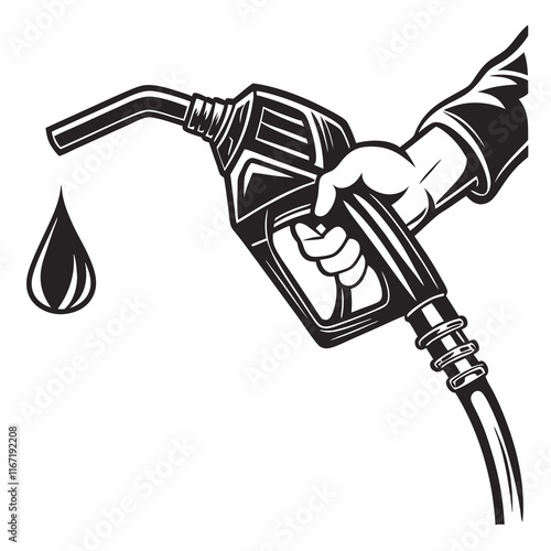 Holds a refueling gun and a drop of gasoline and gas station, Gasoline pistol pump nozzle with drop oil, Black silhouette
