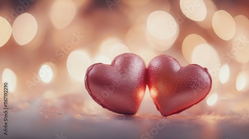 Pink hearts bokeh background, Valentine day blurred light banner, copy space, Generative AI