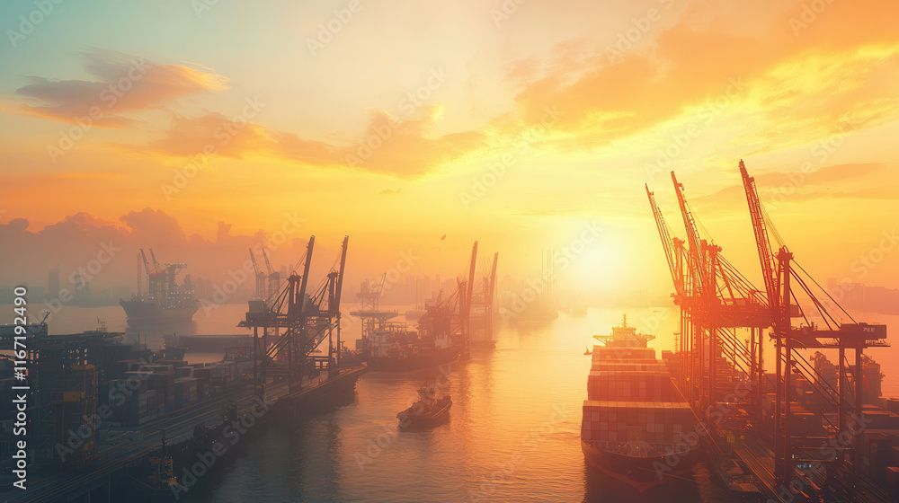 Cranes moving cargo at sunset on busy industrial platform, creating vibrant scene Cranes moving cargo at sunset on busy industrial platform, creating vibrant scene