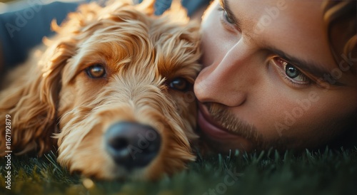 Loving connection between a person and a dog in a sunlit garden during golden...