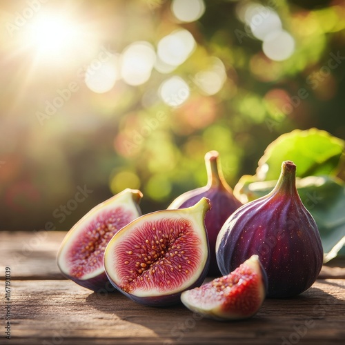 Fresh figs display under soft sunlight in a natural outdoor setting