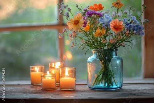 Colorful floral arrangement with candles creating a warm ambiance in a cozy s...