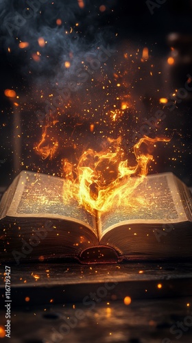 Magical flames ignite from open book creating an enchanting atmosphere in dar...