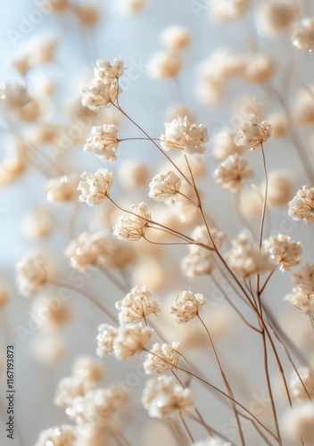 Delicate white flowers arranged elegantly on soft fabric surface for a serene...