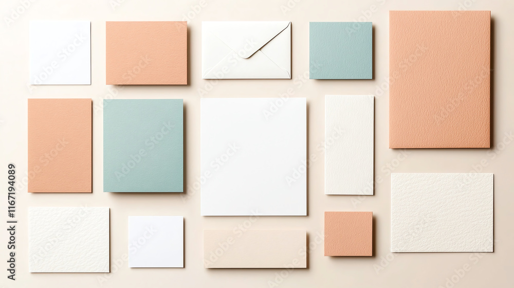 Fototapeta premium Minimalist branding mockup featuring various stationery items in soft colors