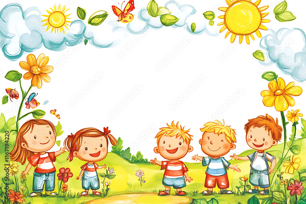 A cheerful illustration of children playing in a sunny, flower-filled landscape. A cheerful illustration of children playing in a sunny, flower-filled landscape.