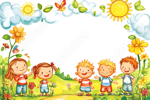 A cheerful illustration of children playing in a sunny, flower-filled landscape.