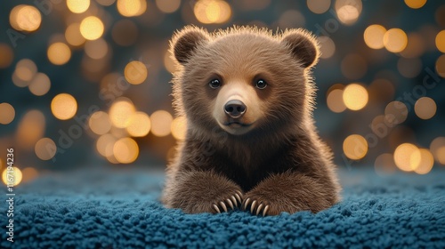 Cute brown bear cub resting on soft surface with glowing bokeh background in ...