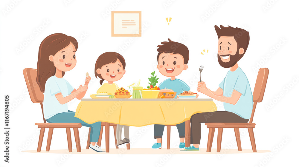 Happy family enjoying meal together at dinner table, sharing joy Happy family enjoying meal together at dinner table, sharing joy