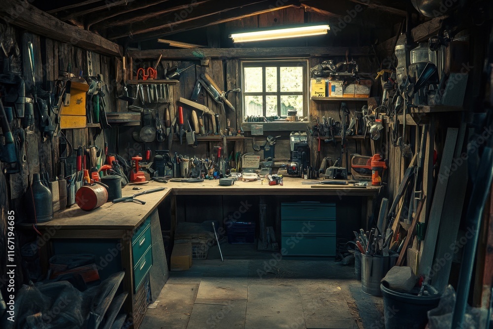 Well-organized tool shed with various equipment and storage in a country setting during daytime Well-organized tool shed with various equipment and storage in a country setting during daytime