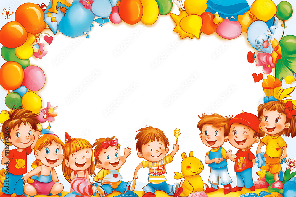 Colorful illustration of children celebrating with balloons and toys, designed for festive occasions. Colorful illustration of children celebrating with balloons and toys, designed for festive occasions.