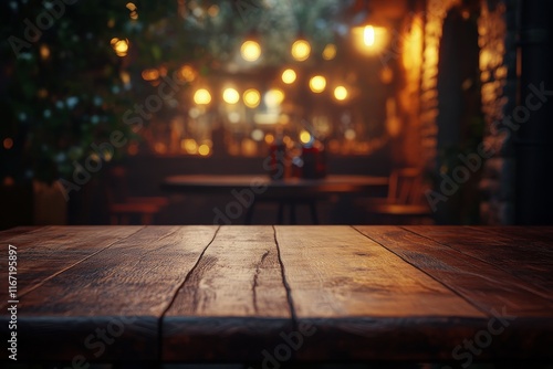 Rustic wooden table in a warmly lit outdoor caf setting during evening hours