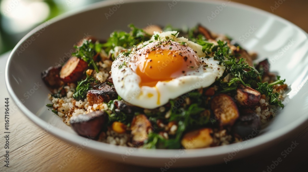 Quinoa salad topped with a poached egg and fresh vegetables in a cozy dining setting Quinoa salad topped with a poached egg and fresh vegetables in a cozy dining setting