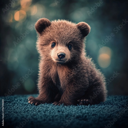 Cute brown bear cub sitting on blue fabric in a forest setting during daylight