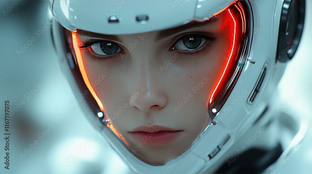 A woman in a white helmet with red lights on her face A woman in a white helmet with red lights on her face