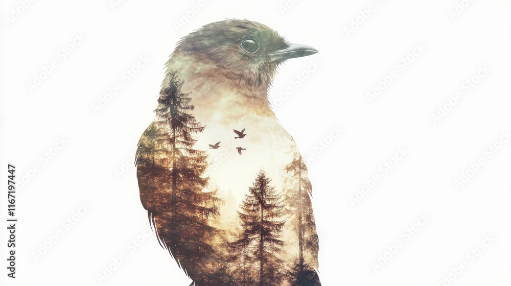 Fototapeta premium Whimsical Watercolor Double-Exposure Illustration of Cuckoo Silhouette with Forest Scene on Clean Background | Ultra-Detailed Artwork for Nature Lovers