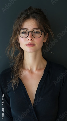 Young woman with glasses posing in a stylish black outfit near a window in br...