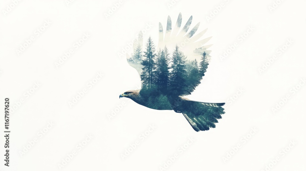 Fototapeta premium Majestic Buzzard Double-Exposure in Watercolor Style Illustration against White Background | Ultra-Detailed Forest Silhouette with Soaring Heights and Valleys
