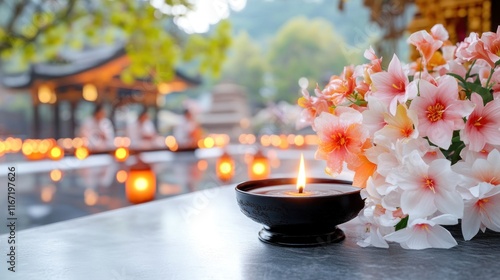 A serene setting with flowers, a candle, and soft lighting.