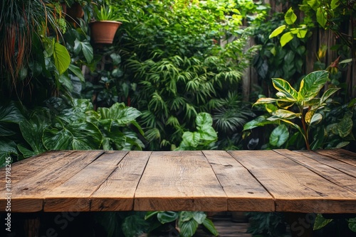 Rustic wooden table surrounded by lush greenery in a tranquil indoor garden s...