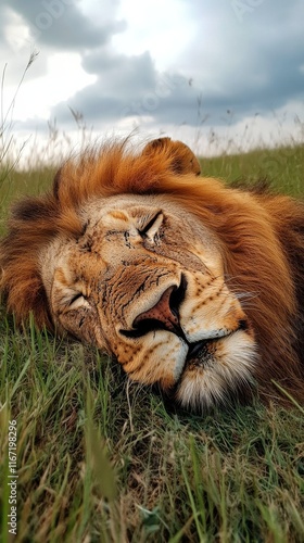 Majestic lion peacefully resting in grassy savannah at sunrise