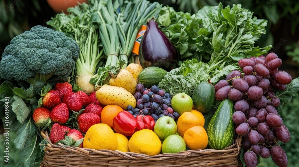 Freshly harvested fruits and vegetables arranged in a wicker basket from a local farm Freshly harvested fruits and vegetables arranged in a wicker basket from a local farm
