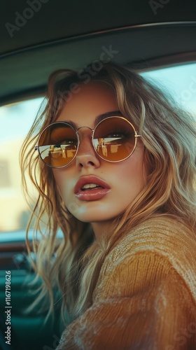 Stylish woman with sunglasses enjoying the sunlight inside a car