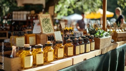 Farmers market showcases handmade oils and herbs during a sunny afternoon, inviting shoppers to explore local produce and artisanal goods