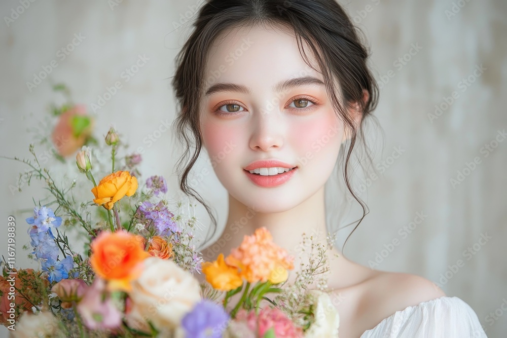 Young Woman Holding Colorful Bouquet of Flowers Spring Beauty Portrait Joyful Smile with Fresh Floral Arrangement Young Woman Holding Colorful Bouquet of Flowers Spring Beauty Portrait Joyful Smile with Fresh Floral Arrangement