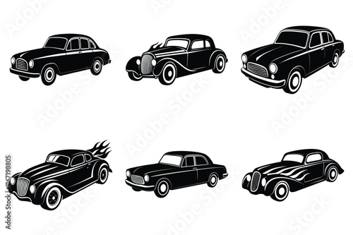 Vintage car silhouette set, Retro hot rod car collection vector illustration