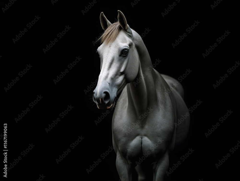 Fototapeta premium A striking white horse stands prominently, its elegant figure illuminated softly against a dark background, conveying a sense of grace and strength. The serene atmosphere enhances its beauty.