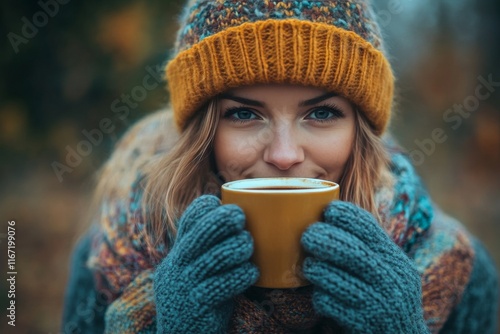 Young woman enjoying a warm drink outdoors in a cozy winter setting with natu...